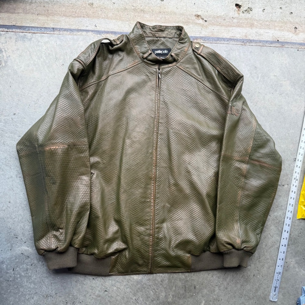 Pelle Pelle Vintage Olive Green Snakeskin Embossed Leather Jacket Bomber 4XL